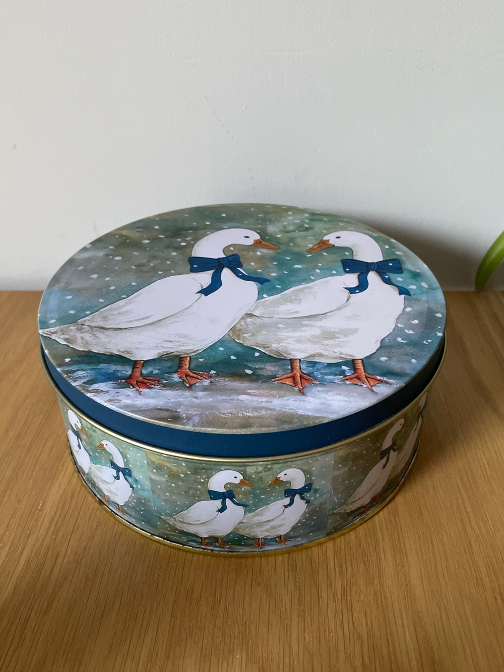 Vintage 1980s Blue Ribbon Geese Round Tin with Snowy Scene